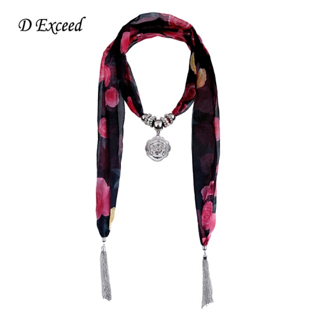  D Exceed Floral Print Bohemia Tassel Women's Winter Chiffon Scarf Necklaces With Beads Pendant Jewelry Scarves