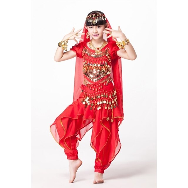  Belly Dance Outfits Performance Chiffon / Sequined Gold Coin / Coin / Beading Short Sleeves Natural Top