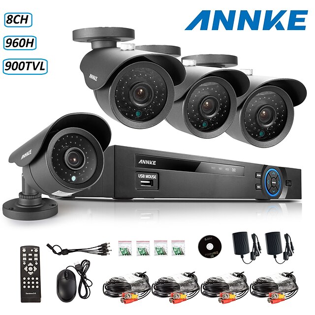  ANNKE® 8CH AHD-L 960H DVR eCloud HDMI 1080P/VGA/BNC Output 4pcs 900TVL CMOS 42LEDS Day/Night IR-cut Cameras IP66