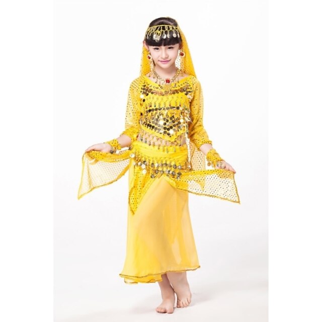  Belly Dance Outfits Performance Chiffon / Sequined Gold Coin / Coin / Beading 3/4 Length Sleeve Natural Top