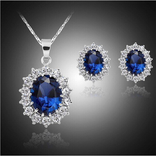  Synthetic Sapphire Jewelry Set Stud Earrings Pendant Necklace Oval Cut Ladies Luxury Plaited Party Silver Plated Imitation Diamond Earrings Jewelry Blue For Party Birthday Gift Engagement