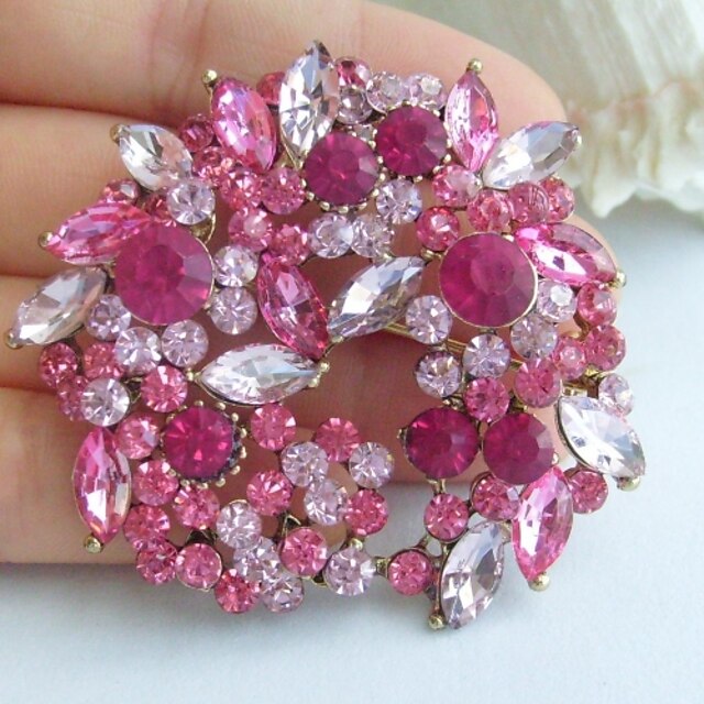  2.17 Inch Gold-tone Pink Rhinestone Crystal Flower Brooch Pendant Art Decorations