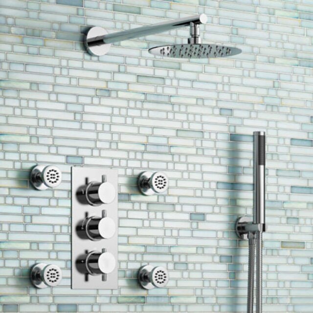  Grifo de ducha Conjunto - Alcachofa incluida Con Termostato LED Moderno Cromo Colocado en la Pared Válvula Latón Bath Shower Mixer Taps / Tres manijas cinco hoyos
