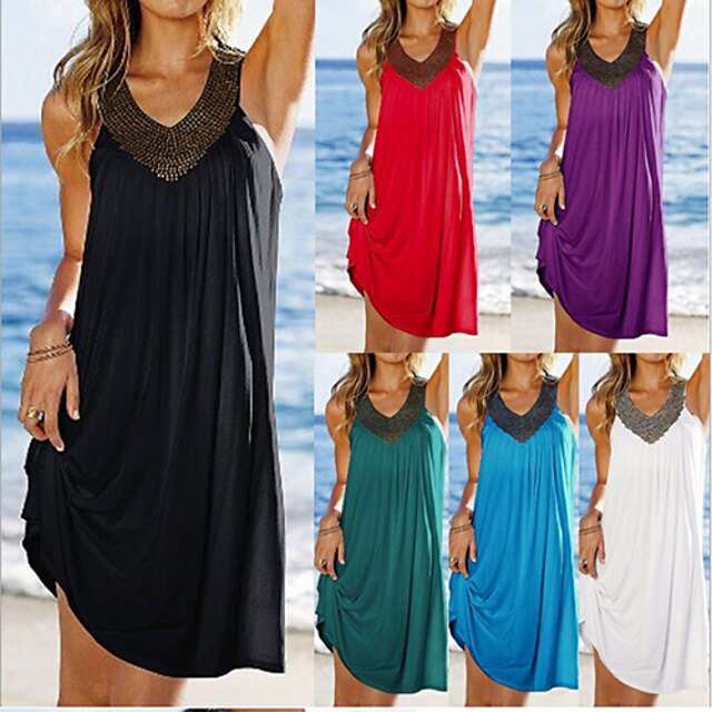  Vestidos ( Algodón )- Sexy/Playa/Casual Escote en V Sin Mangas para Mujer