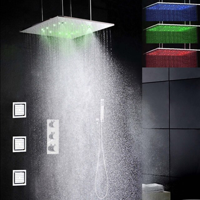  ברז למקלחת הגדר - שפורפרת יד כלולה תרמוסטטי LED עכשווי כרום שסתום פליז Bath Shower Mixer Taps / Brass / שלוש ידיות חמישה חורים