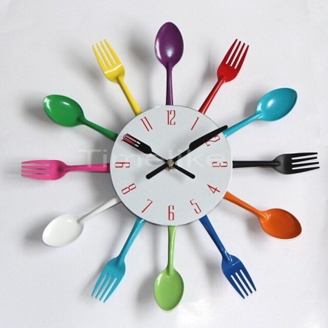  Cool Stylish Modern Design Wall Clock Colorful Kitchen Cutlery Utensil Vintage Design Wall Clock Spoon Fork Home Decor