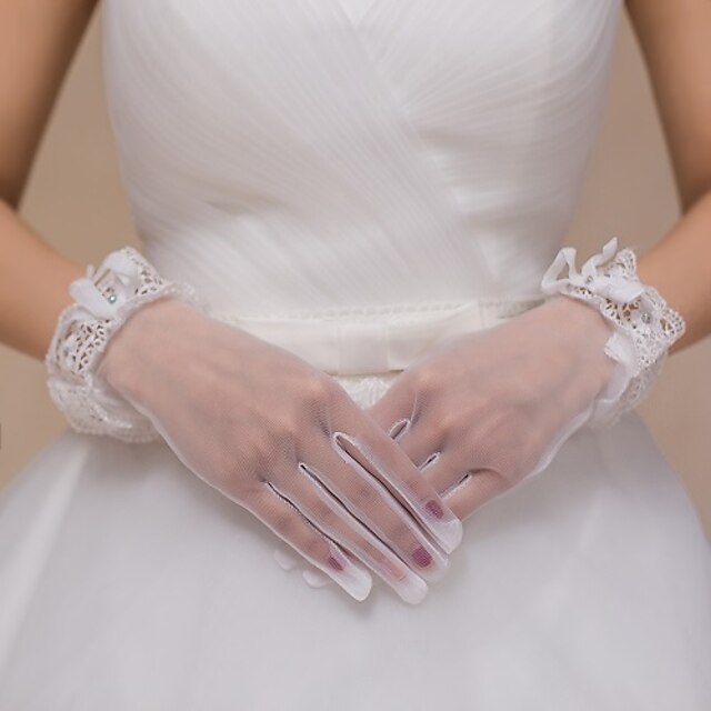  Tulle Wrist Length Glove Bridal Gloves / Party / Evening Gloves With Rhinestone / Bowknot