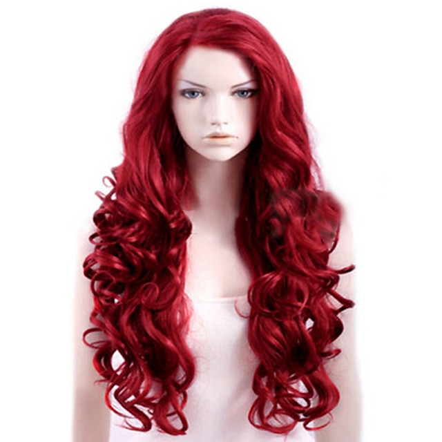  perruque synthétique partie latérale bouclée perruque cheveux synthétiques longs rouges perruque halloween rouge de haute qualité pour femmes