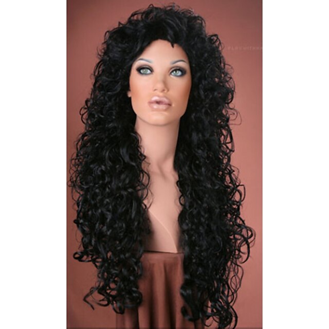  Synteettiset peruukit Kihara Synteettiset hiukset Peruukki Naisten Hyvin pitkä Suojuksettomat Musta