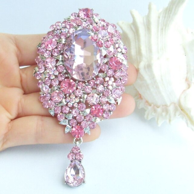  3.94 Inch Silver-tone Pink Rhinestone Crystal Drop Flower Brooch Pendant Art Decorations