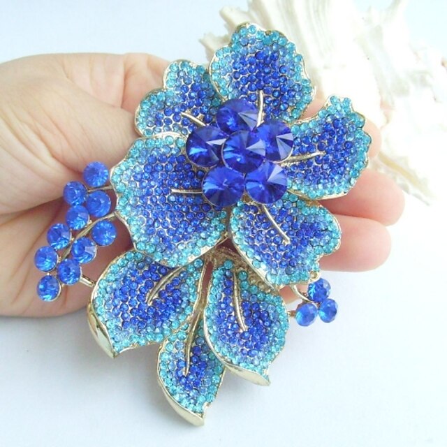  Gorgeous 3.54 Inch Gold-tone Blue Rhinestone Crystal Flower Brooch Art Decorations