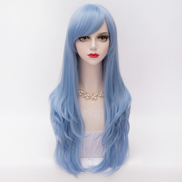  70cm long layered curly hair with side bang sky blue heat resistant synthetic harajuku lolita women wig