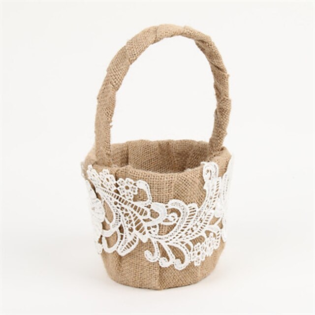  Flower Basket In Beige Linen With Lace Flower Girl Basket