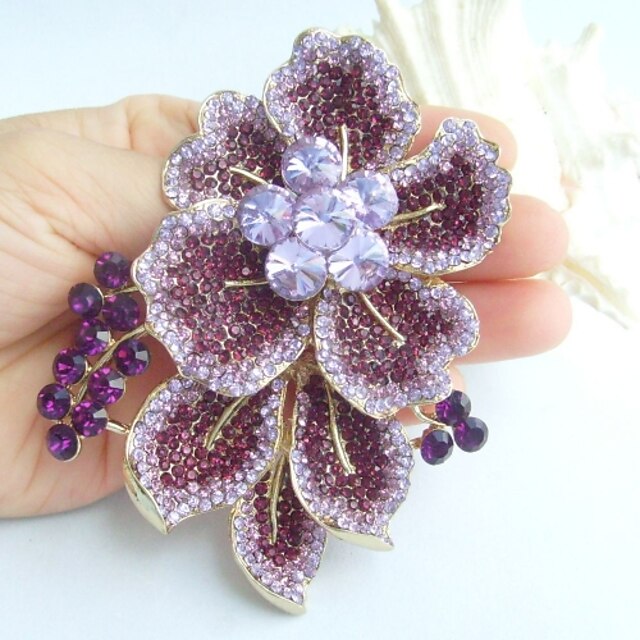  Gorgeous 3.54 Inch Gold-tone Purple Rhinestone Crystal Flower Brooch Art Decorations