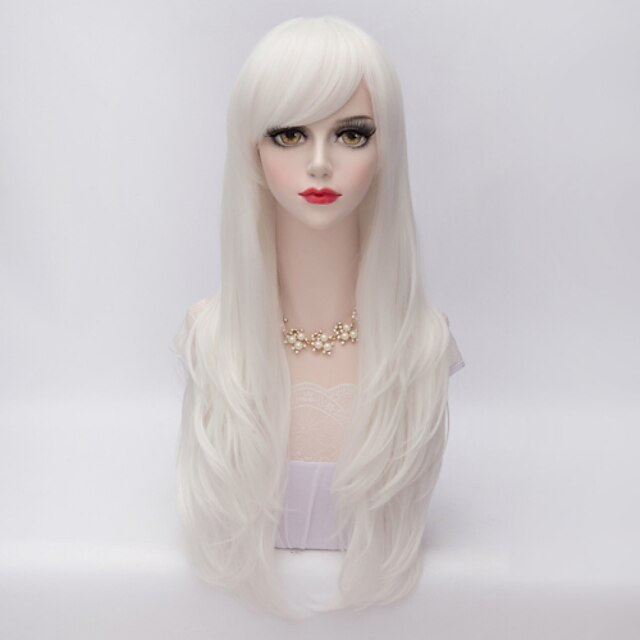  Synthetic Wig Curly Curly Layered Haircut With Bangs Wig Very Long White Synthetic Hair Women's Side Part White