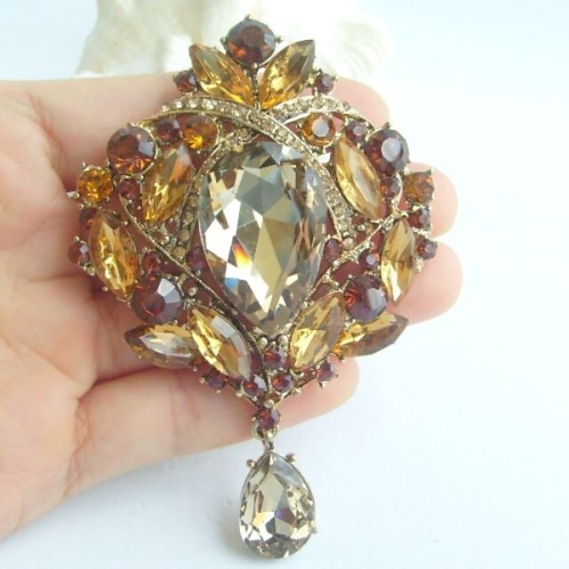  3.54 Inch Gold-tone Topaz Rhinestone Crystal Drop Flower Brooch Pendant Art Deco