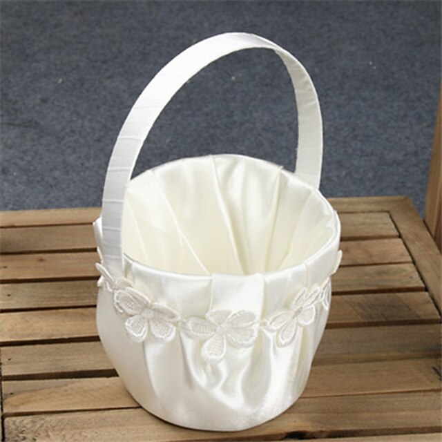  White Ribbon Flower Basket With Lace Flower Girl Basket