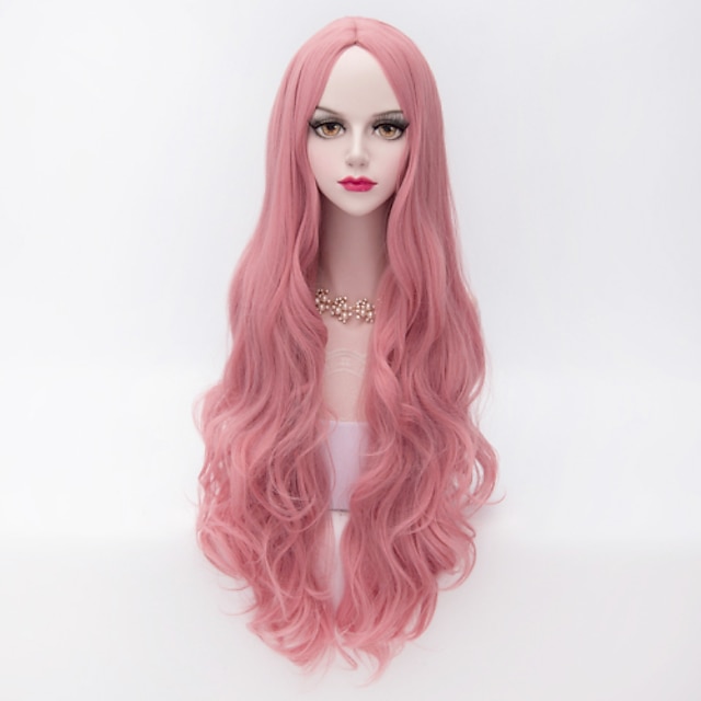  perruque rose technoblade cosplay perruque perruque synthétique ondulée vague lâche perruque vague très longue cheveux synthétiques rose femme partie médiane rose
