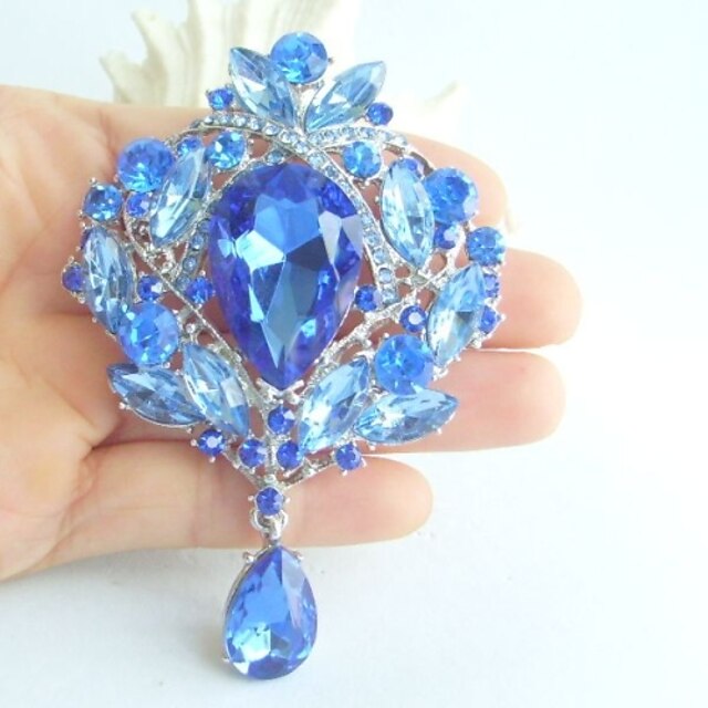  3.54 inch flori picătură de argint-ton stras albastru cristal broșă pandantiv art deco