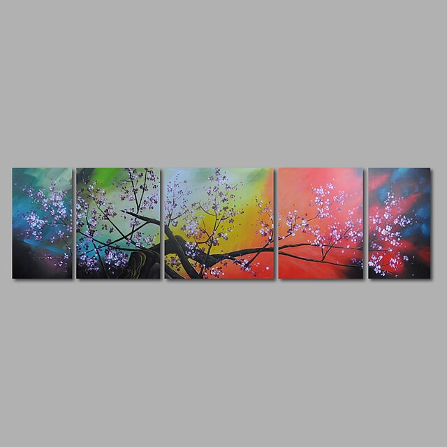  Hand-Painted Oil Painting on Canvas Wall Art Abstract Purple Blossom Flowers Five Panel Ready to Hang