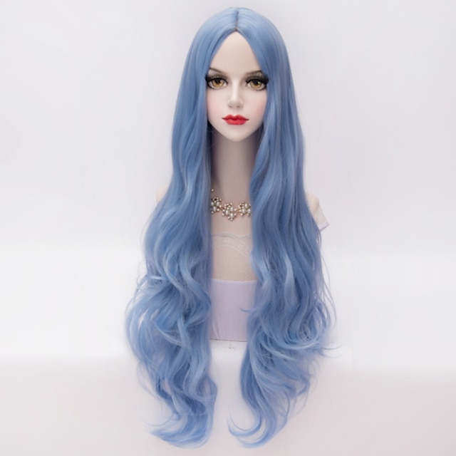  syntetisk parykk bølget løs bølge løs bølgeparykk veldig langt syntetisk hår kvinners midtre del blå halloween parykk