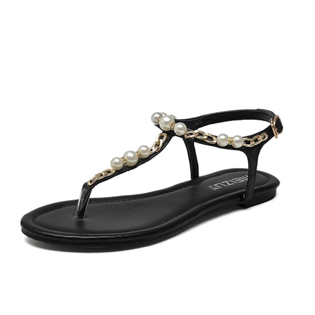  Women's Leatherette Spring / Summer T-Strap / Comfort / Slingback Flat Heel Beading / Buckle / Chain Black