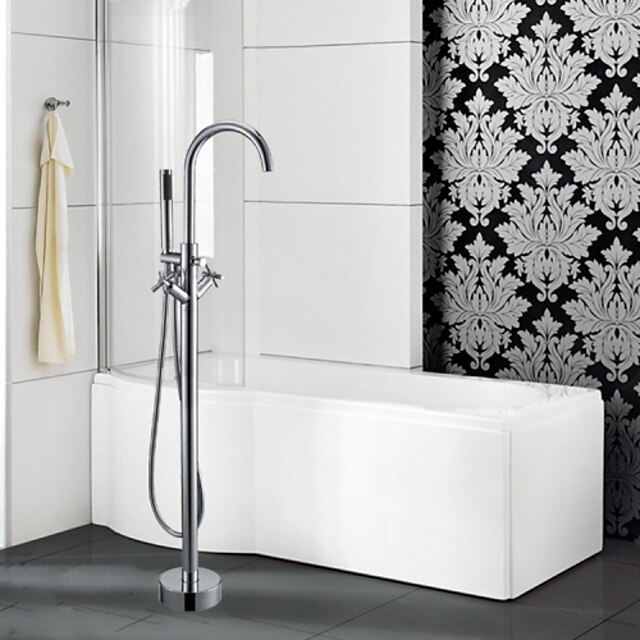  Contemporary Floor Mounted Floor Standing Ceramic Valve Single Handle One Hole Chrome, Bathtub Faucet