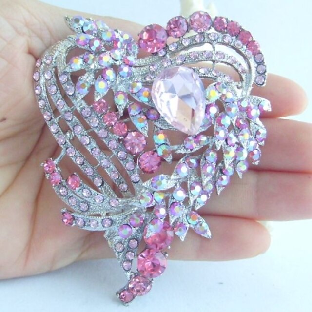  Wedding 3.15 Inch Silver-tone Pink Rhinestone Crystal Love Heart Brooch Pendant