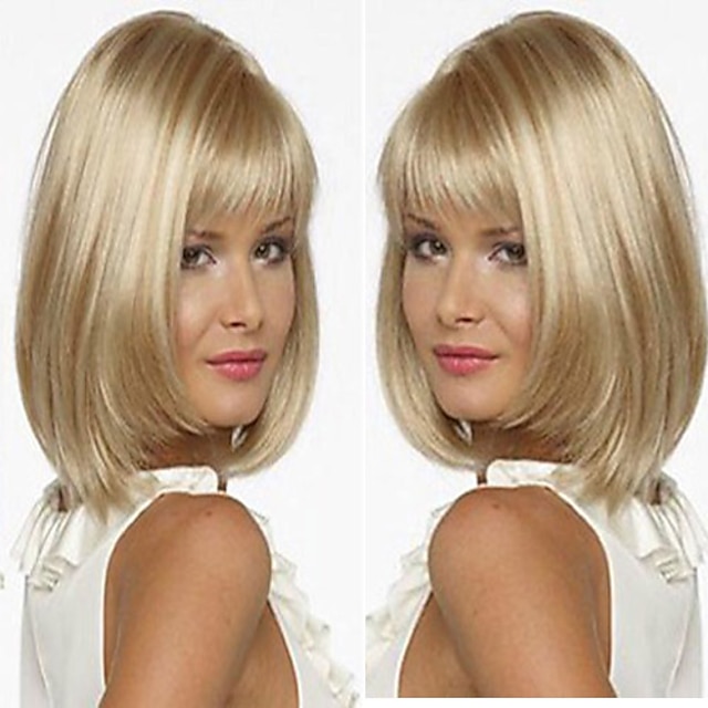  Synthetic Wig Straight Straight Bob With Bangs Wig Blonde Short Blonde Synthetic Hair Women's Side Part With Bangs Blonde