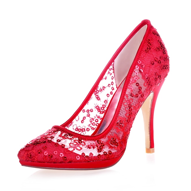  Mujer Zapatos Encaje Primavera Verano Zapatos de boda Tacón Stiletto Dedo Puntiagudo Encaje para Boda Fiesta y Noche Rojo Rosa Dorado