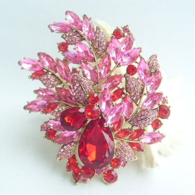  Gorgeous 4.33 Inch Gold-tone Red Pink Rhinestone Crystal Flower Brooch Art Deco Brooch Bouquet