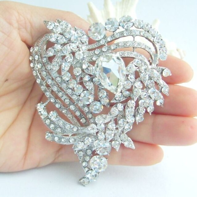  Wedding 3.15 Inch Silver-tone Clear Rhinestone Crystal Love Heart Brooch Bridal Bouquet