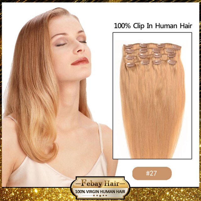 Febay Κουμπωτό Επεκτάσεις ανθρώπινα μαλλιών Ίσιο Φυσικά μαλλιά Φως ξανθιά