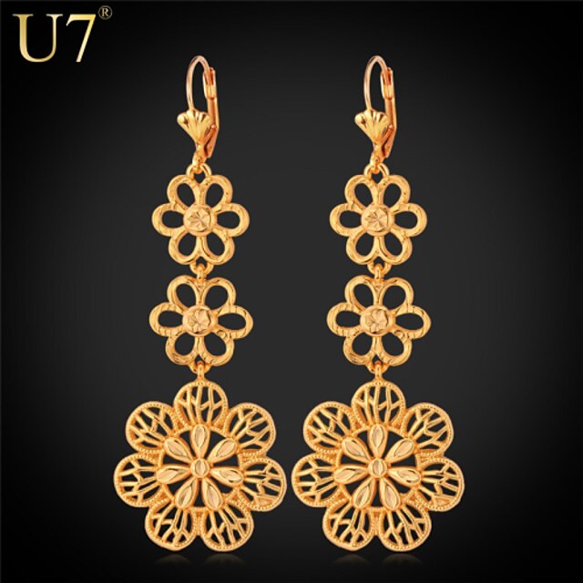  U7® Women's Exquisite Flowers Earrings 2015 New Fashion Jewelry Gift 18K Gold Plated Hollow Maxi Long Earrings