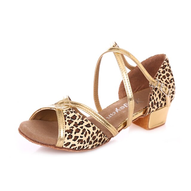  Latin Shoes Sandal Chunky Heel Satin Buckle Leopard / Fuchsia / Indoor / Leather