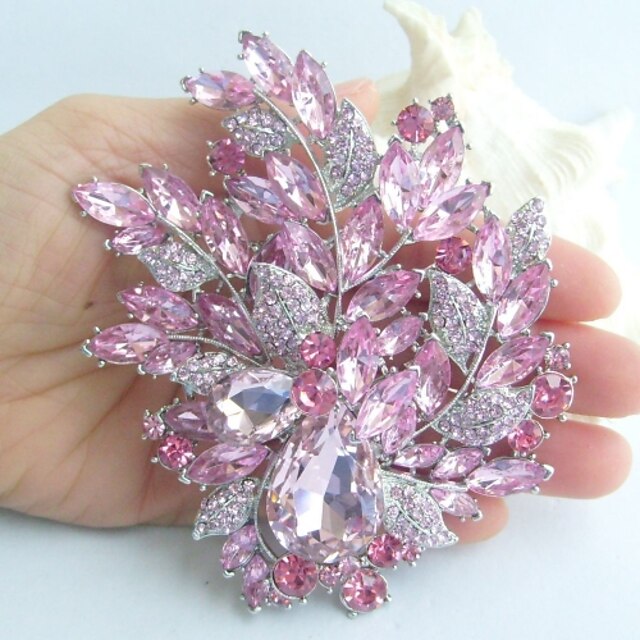  4.33 Inch Silver-tone Pink Rhinestone Crystal Flower Brooch Art Deco Brooch Bouquet