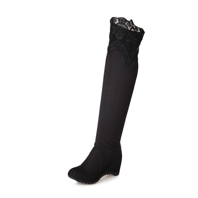  נשים נעליים דמוי סוויד סתיו חורף עקב טריז מגפיים באורך מעל הברך עבור קזו'אל שמלה שחור