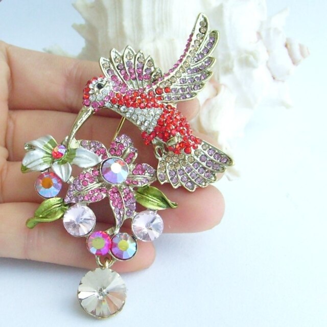  3.54 Inch Gold-tone Multicolor Rhinestone Crystal Hummingbird Brooch Art Deco