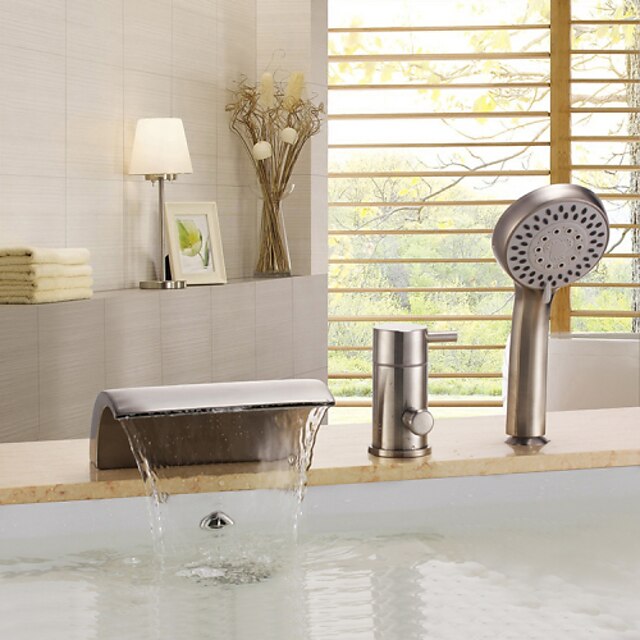  Bathtub Faucet - Contemporary Nickel Brushed Roman Tub Ceramic Valve Bath Shower Mixer Taps / Brass / Single Handle Three Holes