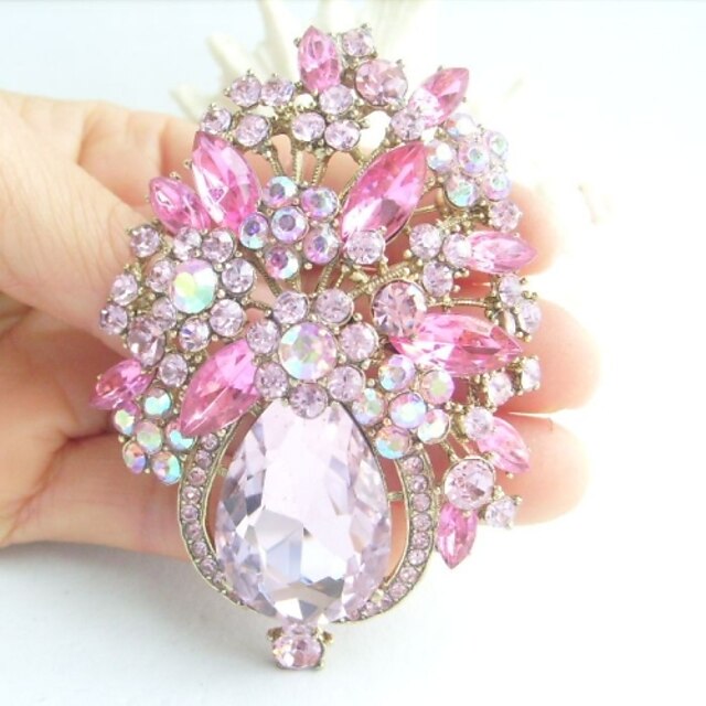  Gorgeous 3.15 Inch Gold-tone Pink Rhinestone Crystal Flower Brooch Pendant