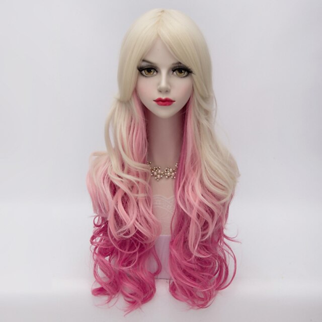  70cm long layered wavy hair u part gold pink gradient heat resistant synthetic harajuku lolita lady wig