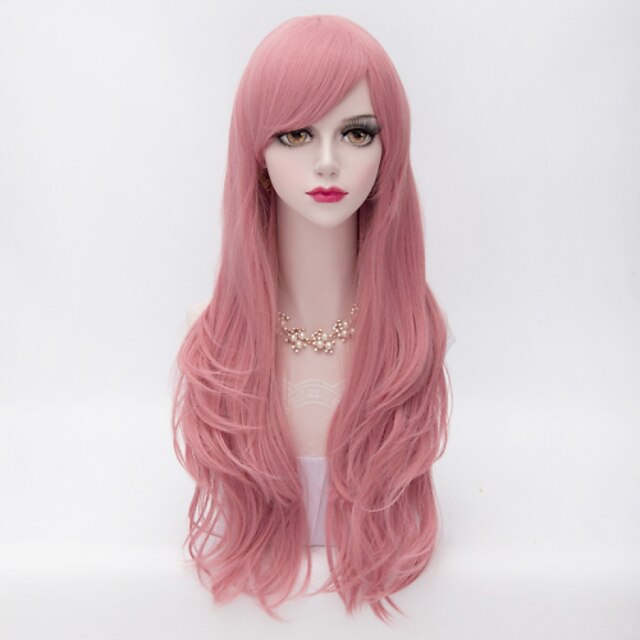  Synthetic Wig Curly Kardashian Curly Layered Haircut With Bangs Wig Pink Very Long Pink Synthetic Hair Women's Side Part Pink