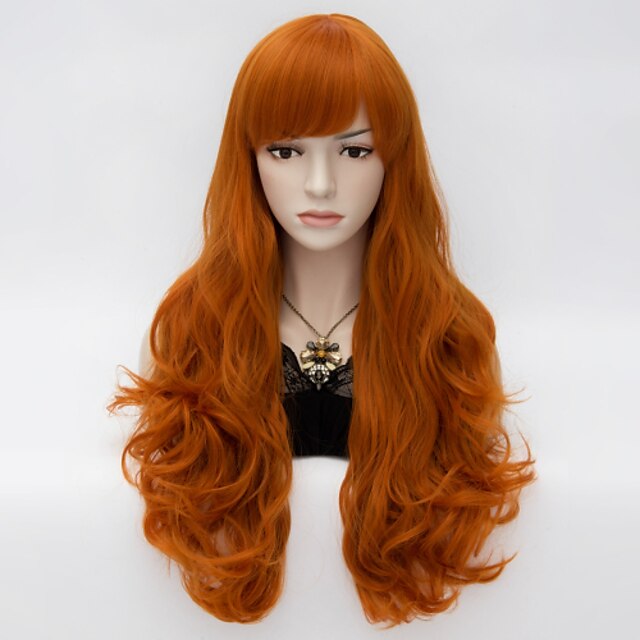  cosplay costume perruque perruque synthétique vague profonde vague profonde avec frange perruque long brun cheveux synthétiques femme rouge