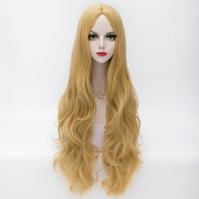  80cm lång lös vågigt u del hår gyllengul europeisk stil modefest peruk