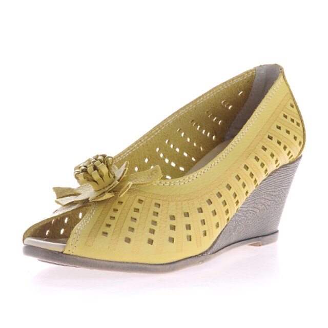  Women's Shoes Leather Summer Wedge Heel Hollow-out For Casual Black Beige Yellow
