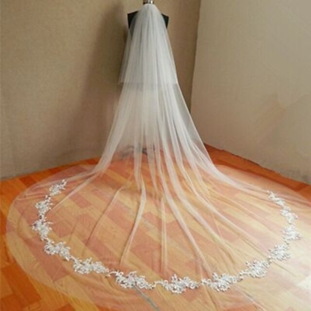  Two-tier Cut Edge Wedding Veil Cathedral Veils with Appliques Tulle / Classic