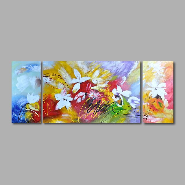  Oil Painting Hand Painted - Floral / Botanical Modern Stretched Canvas / Three Panels