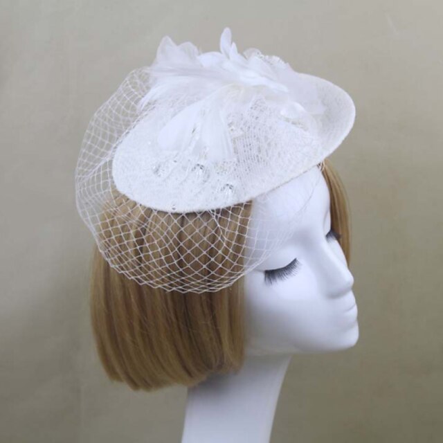  للمرأة ساتين ريشة صاف خوذة-زفاف مناسبة خاصة القبعات غطاء شبكة للرأس 1 قطعة