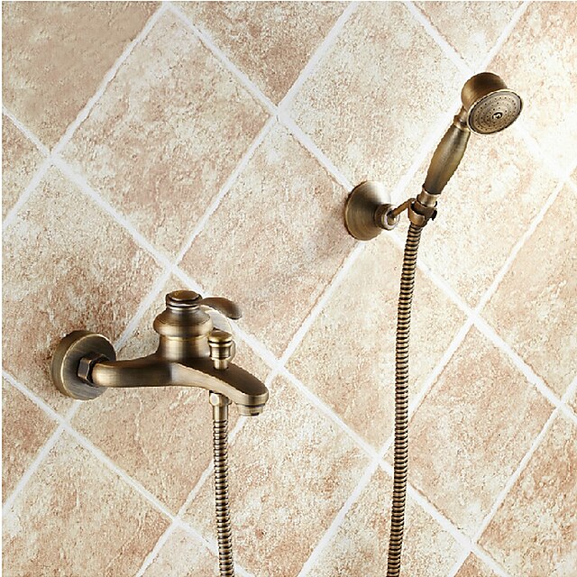  Badekarskran - Antikk Antikk Messing Vægmonteret Keramisk Ventil Bath Shower Mixer Taps / Enkelt håndtak To Huller