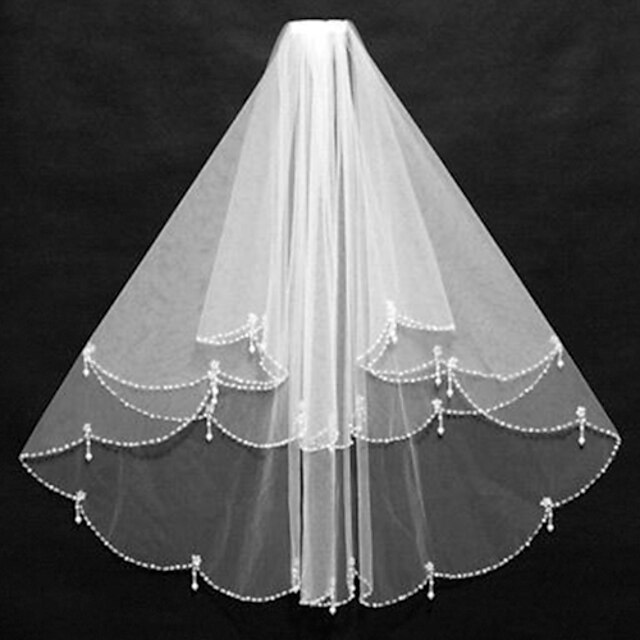  Two-tier Beaded Edge Wedding Veil Elbow Veils with Beading Tulle / Classic